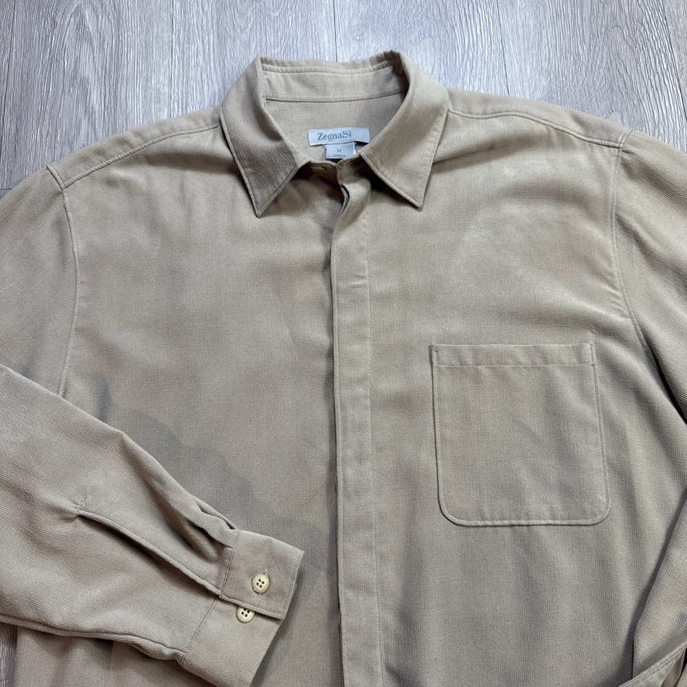 Zegna Sport Flannel Shirt Shackett Mens Medium M Beige Italy Woven Mid-weight - Picture 2 of 6